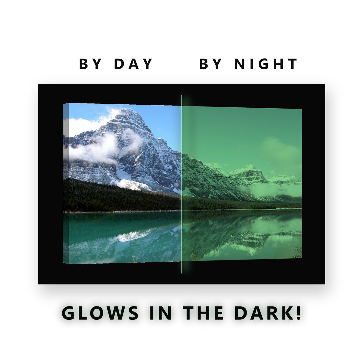 Snowy Peaks Lake Reflection Glow in the Dark Canvas Wall Art for Living Room, glowing at night
