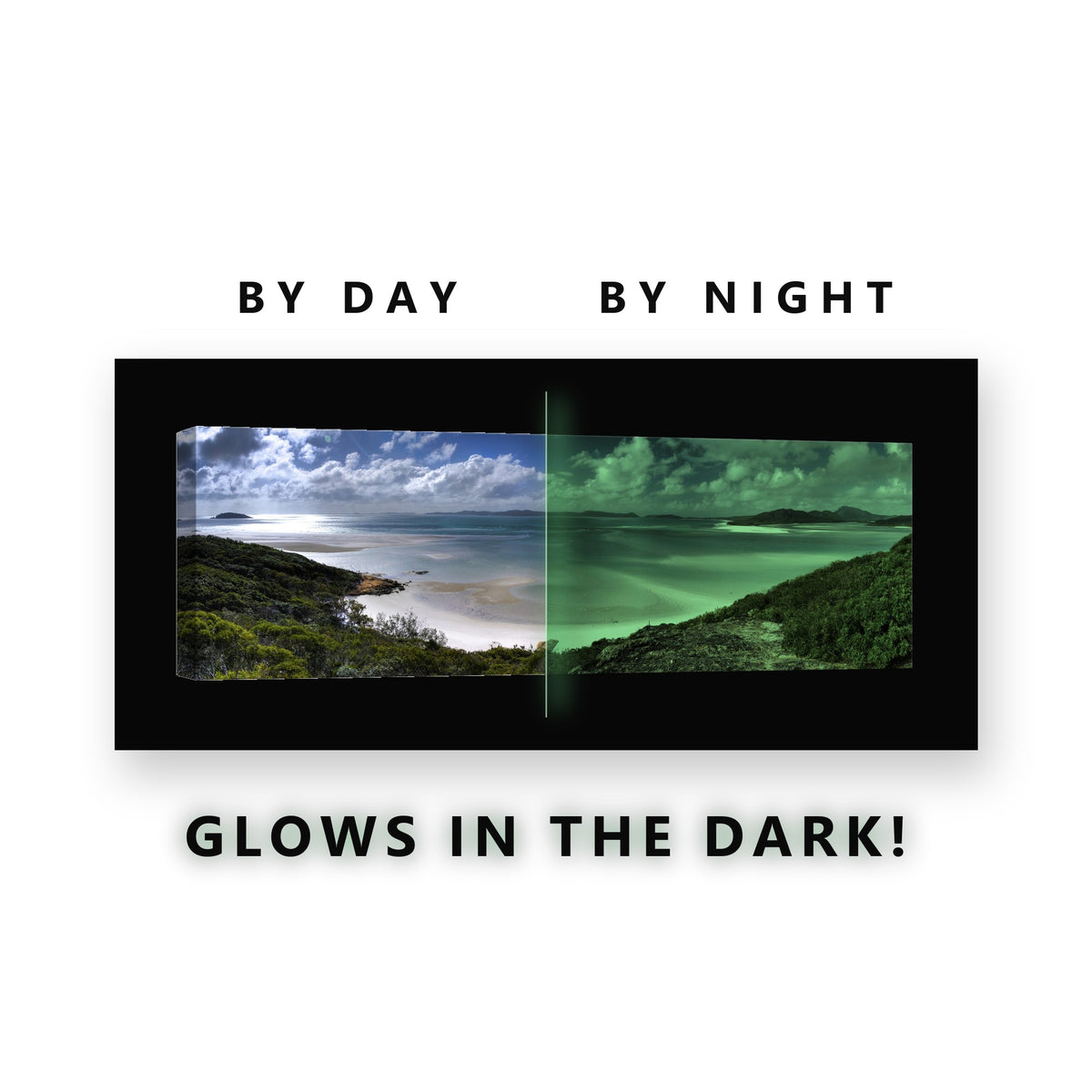 Glowing Tropical Beach Panorama Glow in the Dark Canvas Wall Art for Bedroom, glowing at night