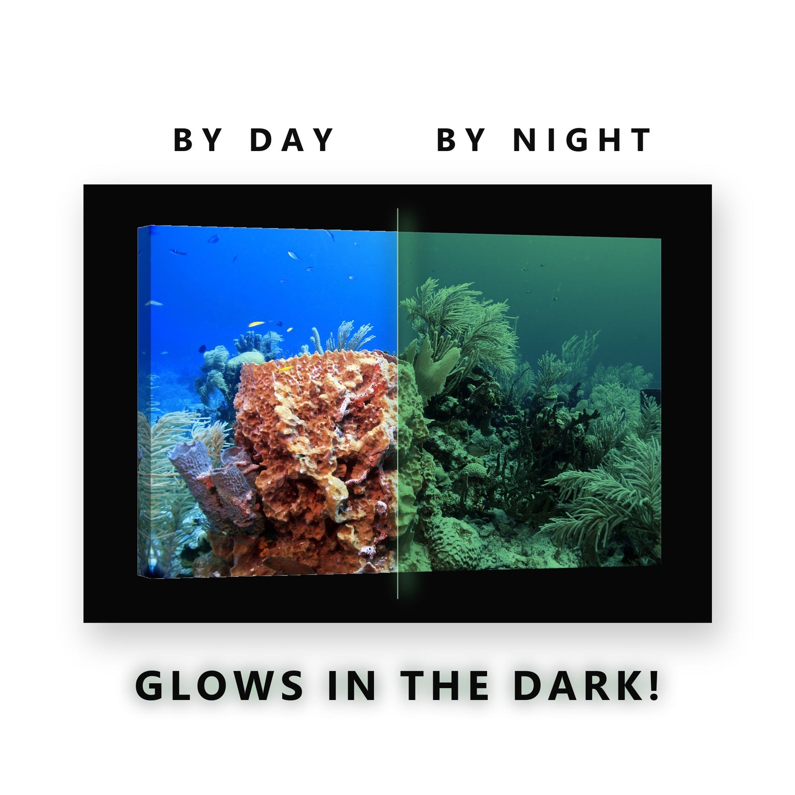 Glowing Golden Sponge Cluster Reef Glow in the Dark Canvas Wall Art for Bedroom, glowing at night