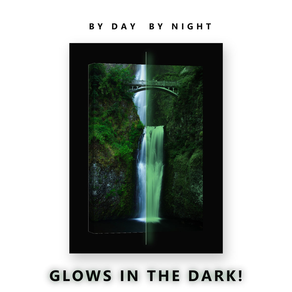 Grotto Waterfall Footbridge Glow in the Dark Canvas Wall Art for Living Room, glowing at night