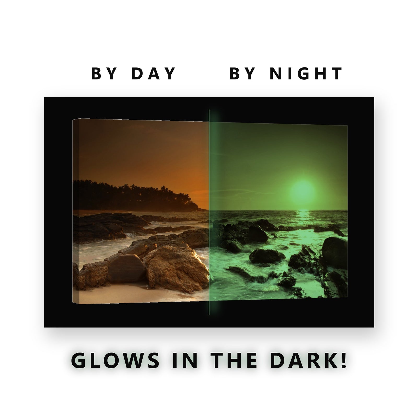Glowing Rocky Beach Palm Sunset Glow in the Dark Canvas Wall Art for Bedroom, glowing at night