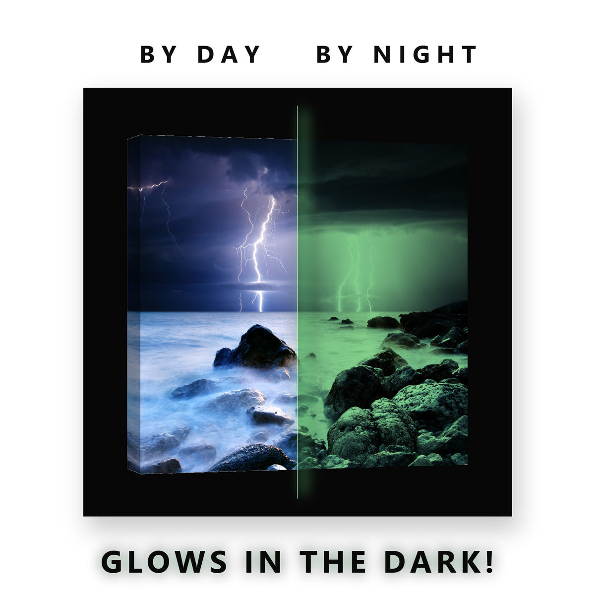 Glowing Lightning Storm Coastline Glow in the Dark Canvas Wall Art for Man Cave, glowing at night