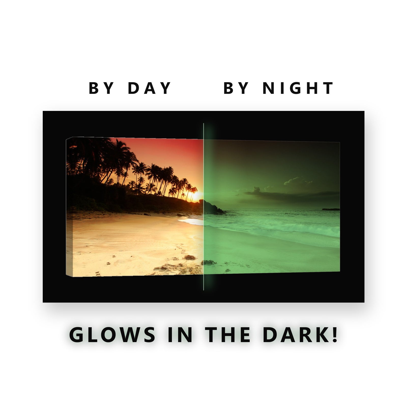 Tropical Palm Beach Silhouette Glow in the Dark Canvas Wall Art for Bedroom, glowing at night