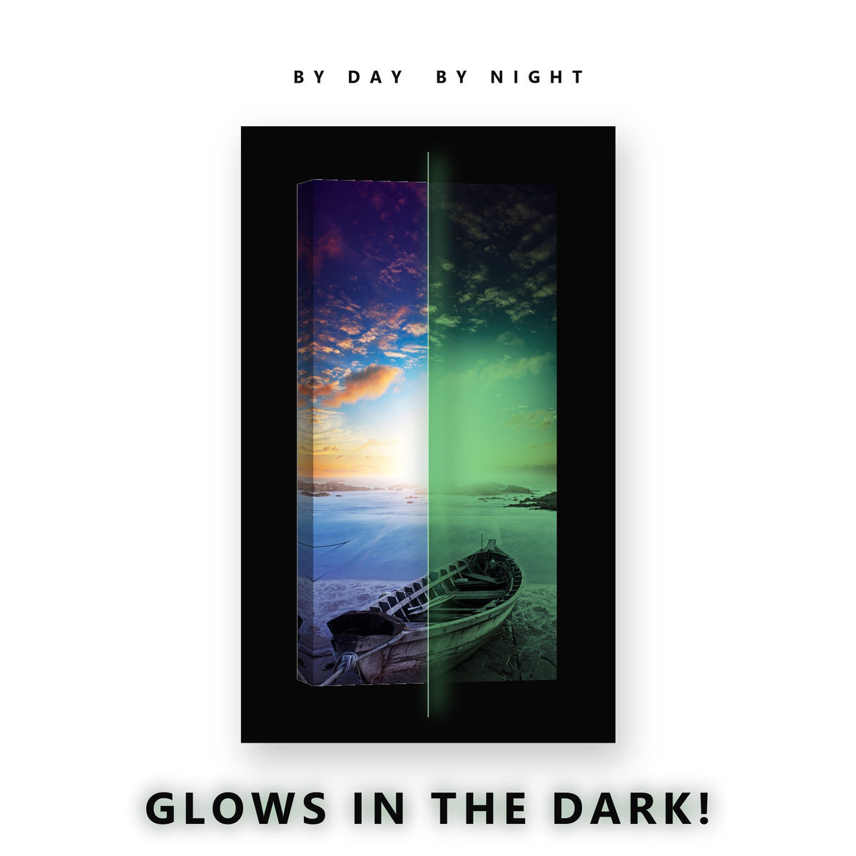 Glowing Rowboat Beach Sunrise Glow in the Dark Canvas Wall Art for Bedroom, glowing at night