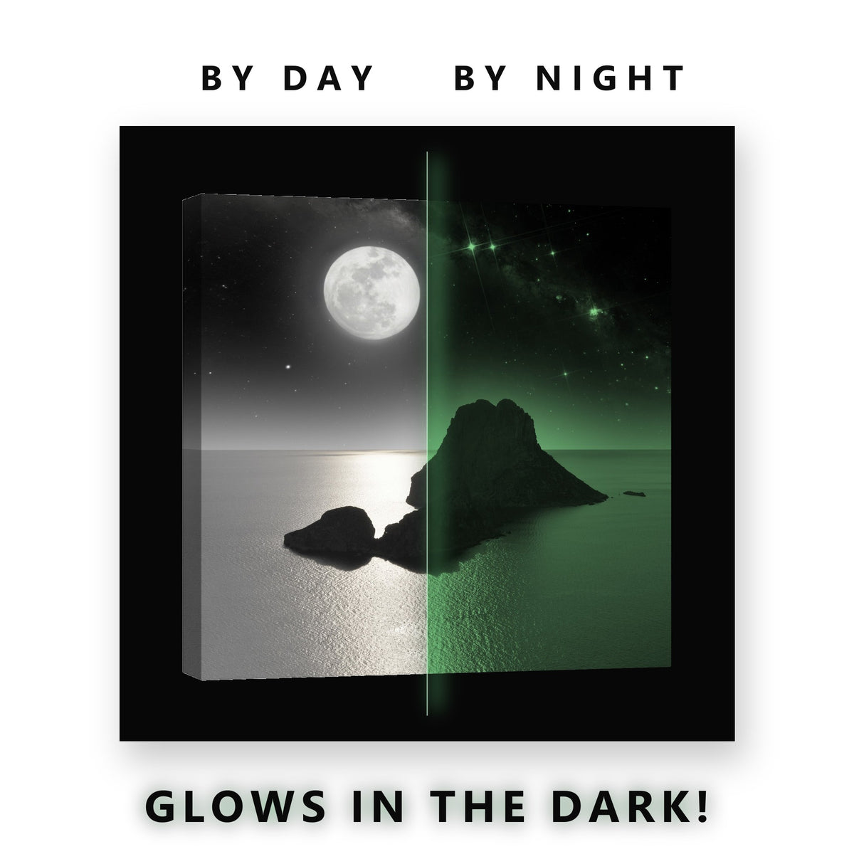 Glowing Moon Rocky Island Night Glow in the Dark Canvas Wall Art for Bedroom, glowing at night