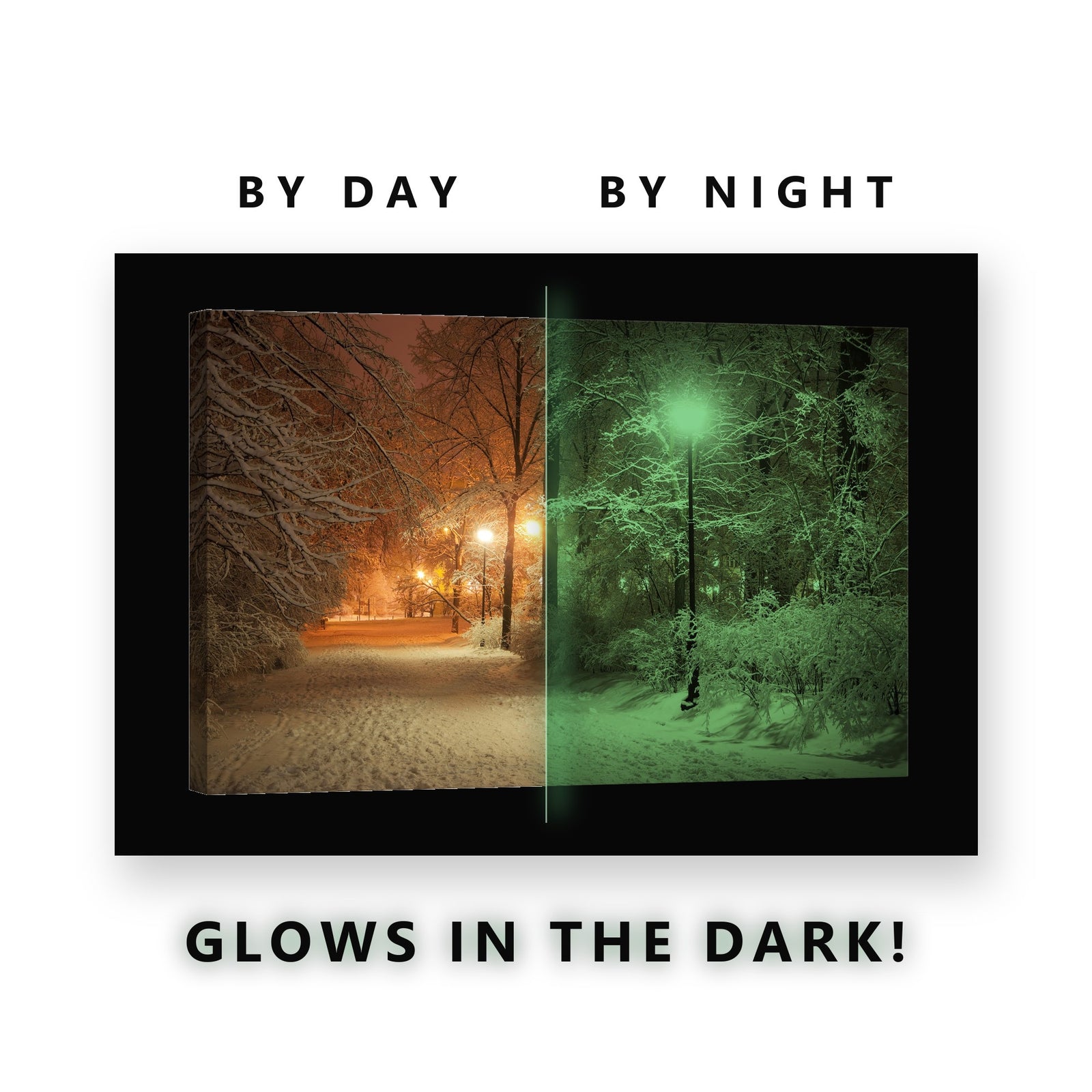 Glowing Snowy Park Path Lamps Glow in the Dark Canvas Wall Art for Bedroom, glowing at night