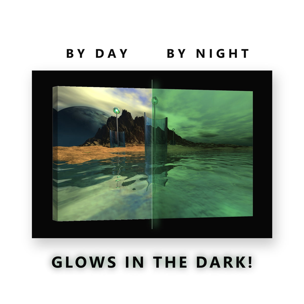 Fantasy Alien Coastline Glow in the Dark Canvas Wall Art for Boys Bedroom, glowing at night