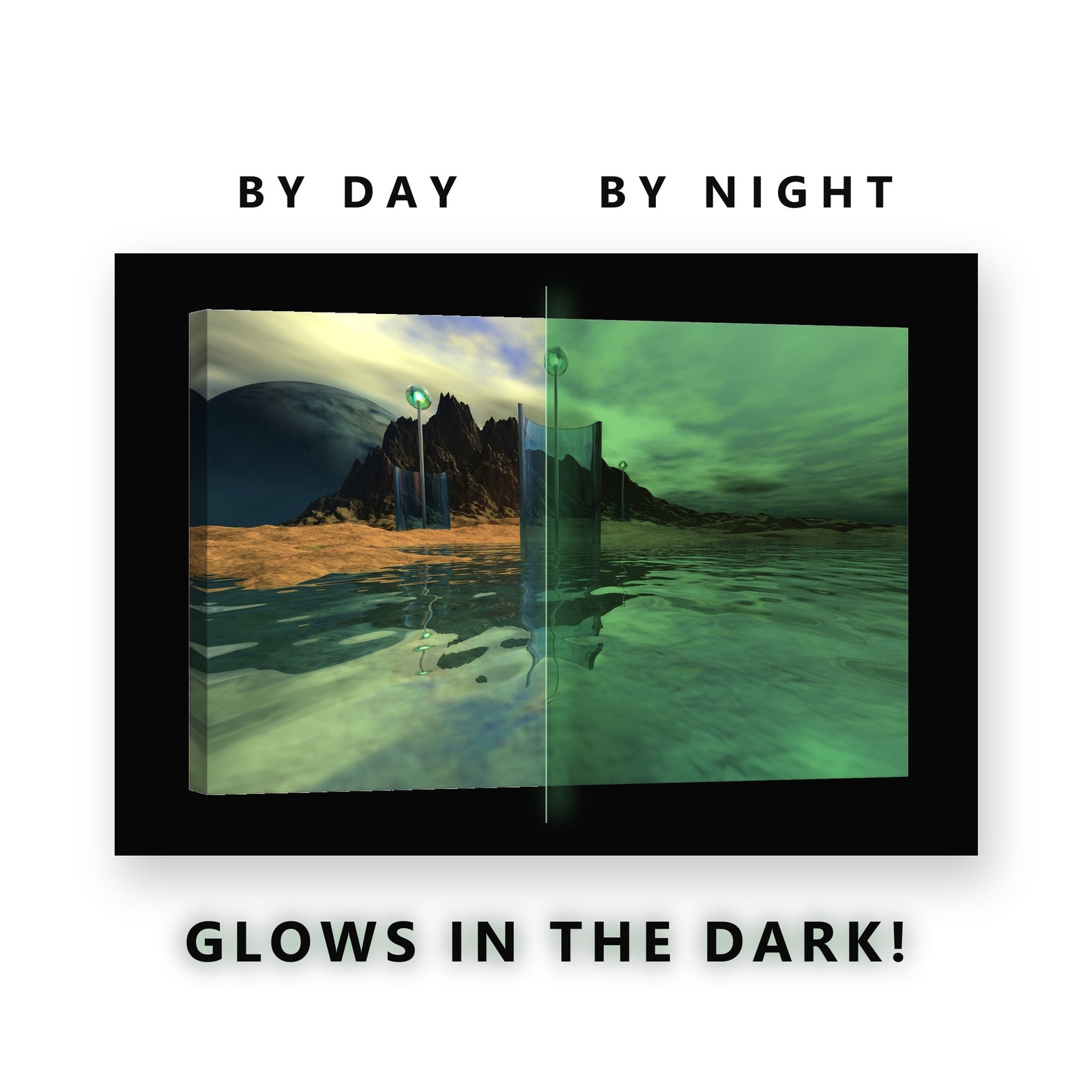 Fantasy Alien Coastline Glow in the Dark Canvas Wall Art for Boys Bedroom, glowing at night