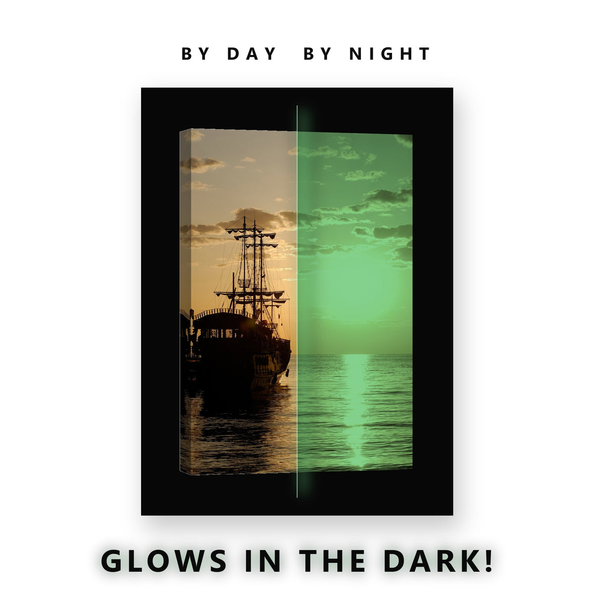 Glowing Tall Ship Sunset Pier Glow in the Dark Canvas Wall Art for Man Cave, glowing at night