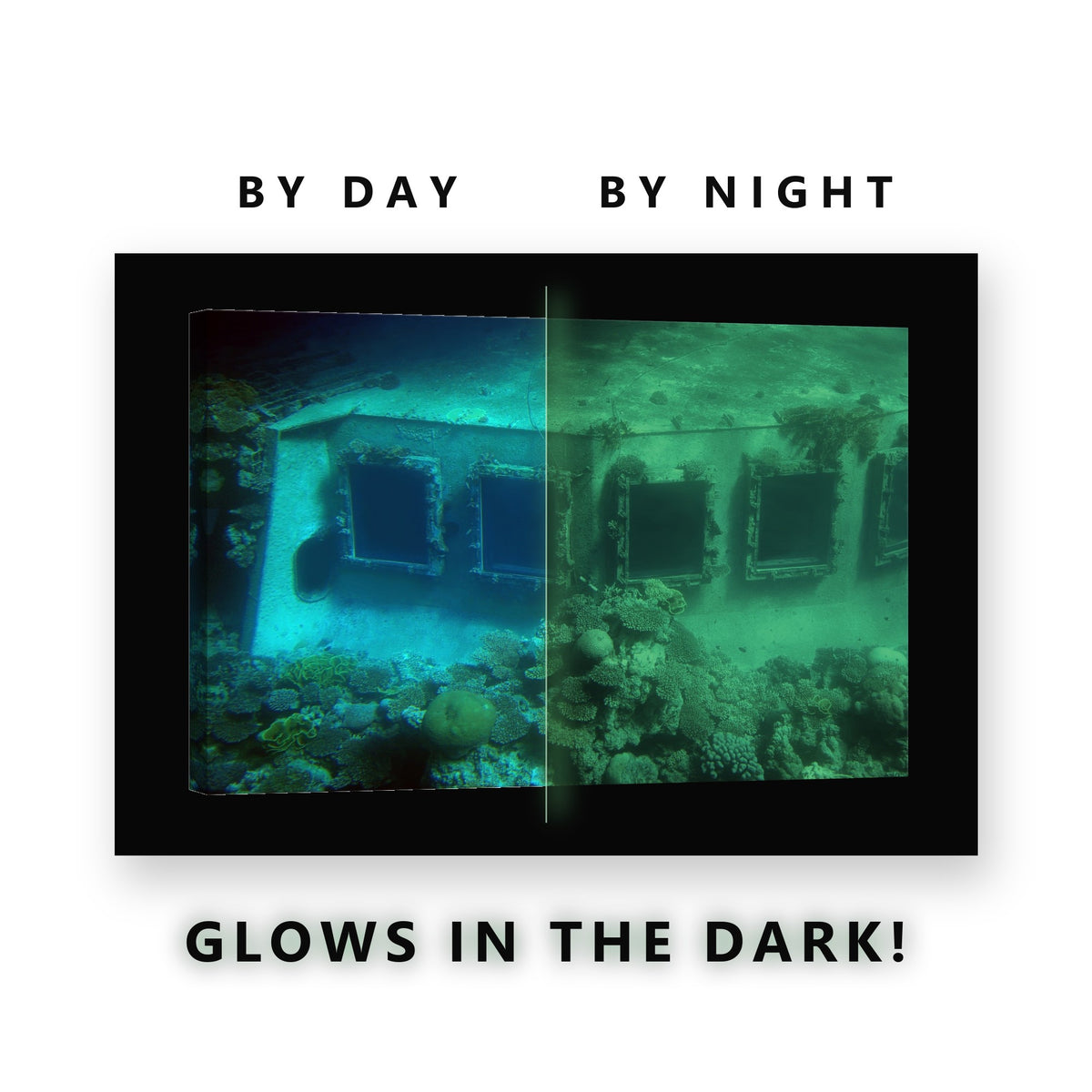Glowing Sunken Shipwreck Reef Glow in the Dark Canvas Wall Art for Boys Bedroom, glowing at night