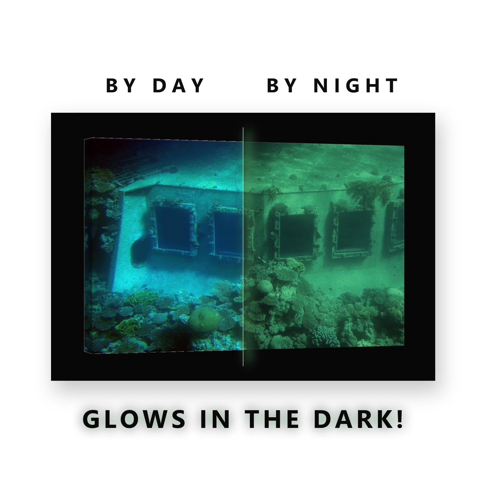 Glowing Sunken Shipwreck Reef Glow in the Dark Canvas Wall Art for Boys Bedroom, glowing at night