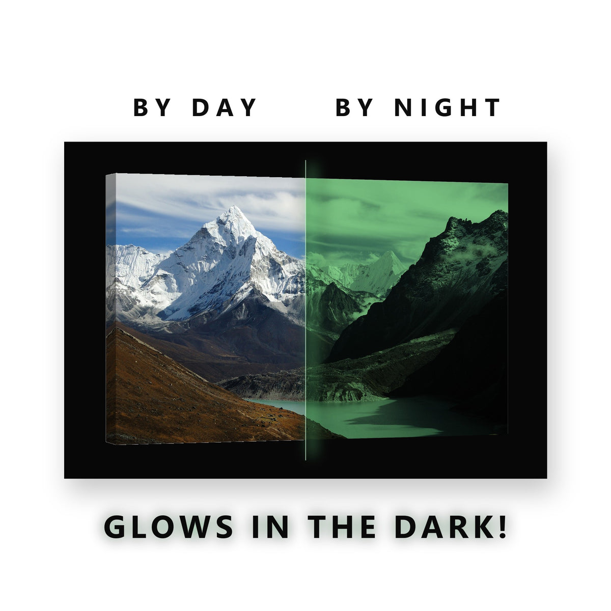 Glowing Snowy Peak Glacial Lake Glow in the Dark Canvas Wall Art for Living Room, glowing at night