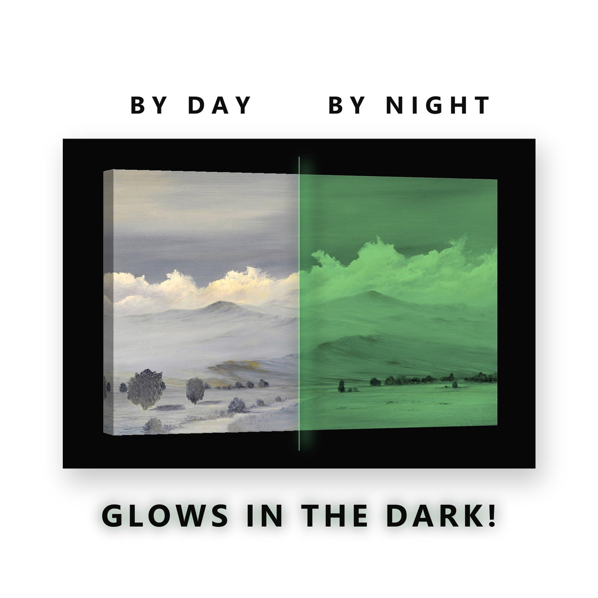 Misty Hills Winter Valley Glow in the Dark Canvas Wall Art for Living Room, glowing at night