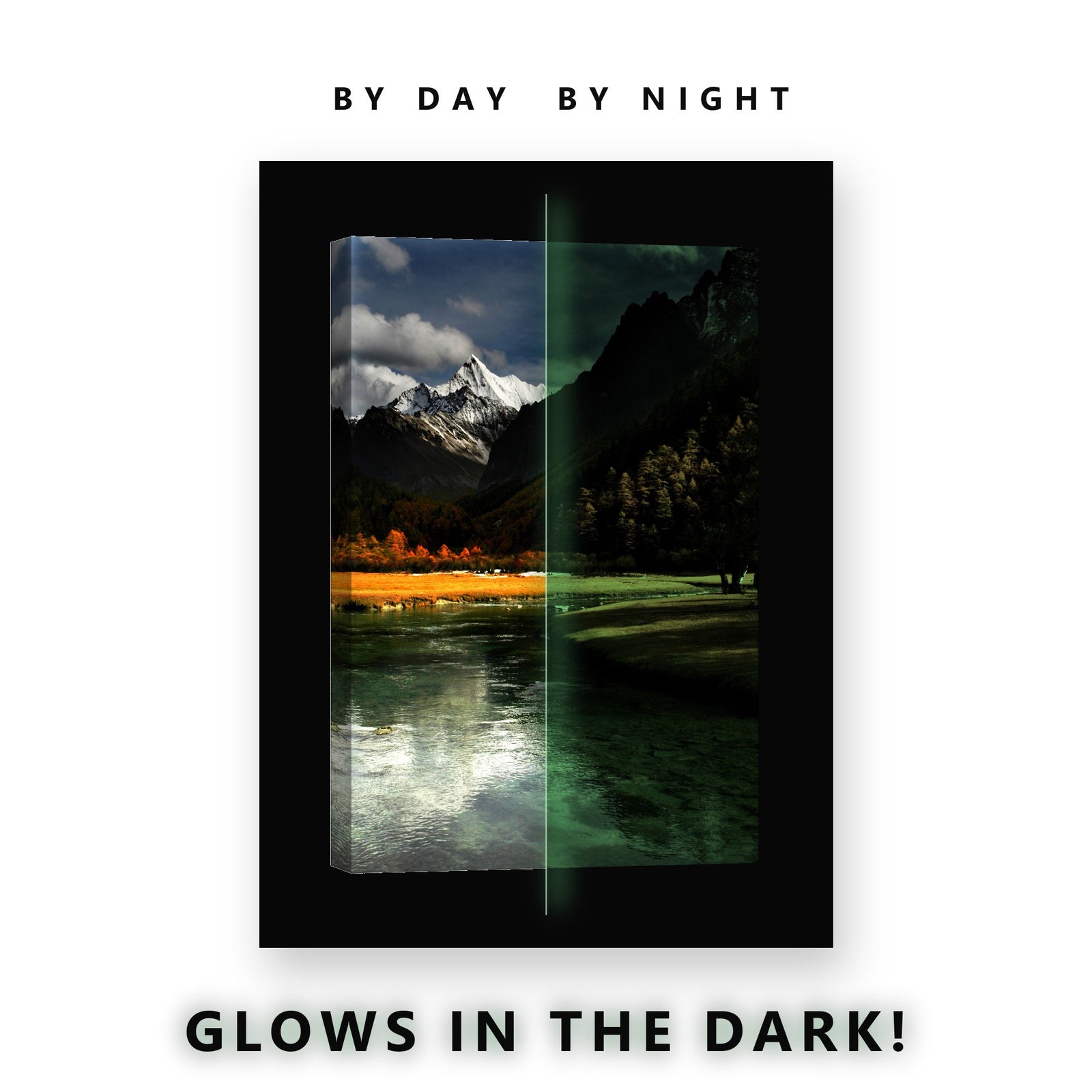 Glowing Snowy Peak Autumn River Glow in the Dark Canvas Wall Art for Living Room, glowing at night