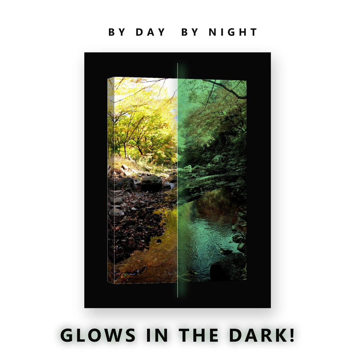 Autumn Stream Reflection Glow in the Dark Canvas Wall Art for Living Room, glowing at night