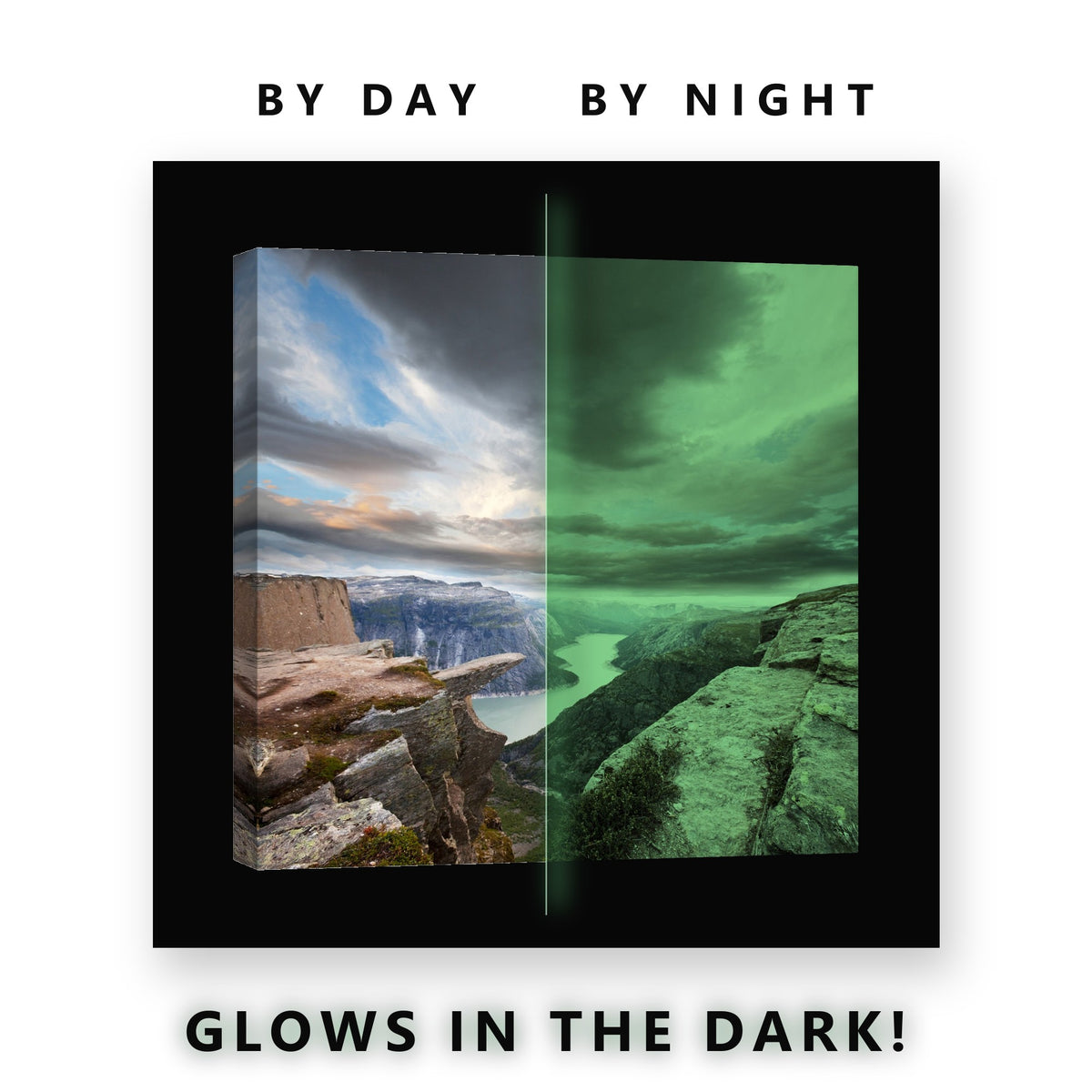 Glowing Cliff Overlook Fjord Glow in the Dark Canvas Wall Art for Living Room, glowing at night