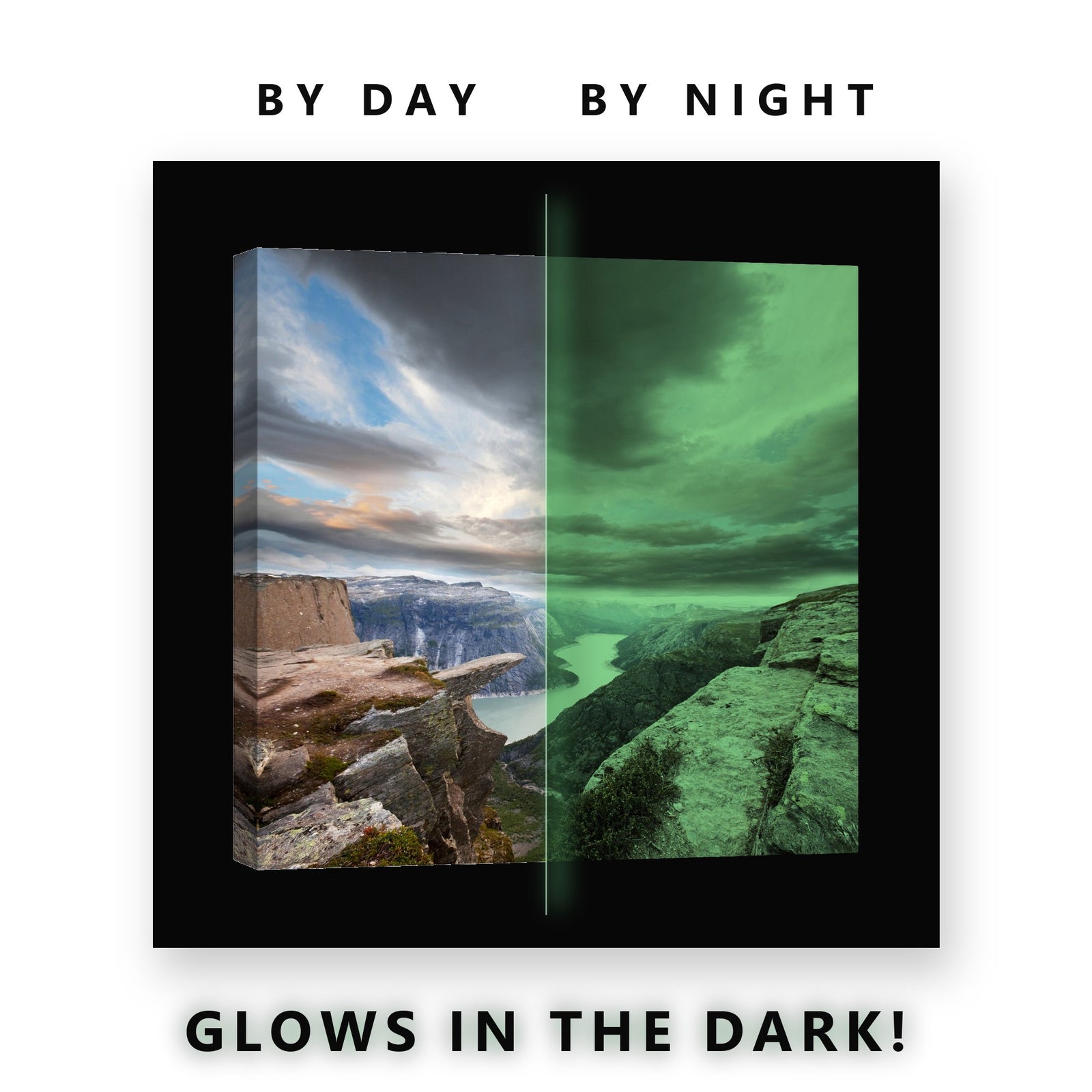 Glowing Cliff Overlook Fjord Glow in the Dark Canvas Wall Art for Living Room, glowing at night
