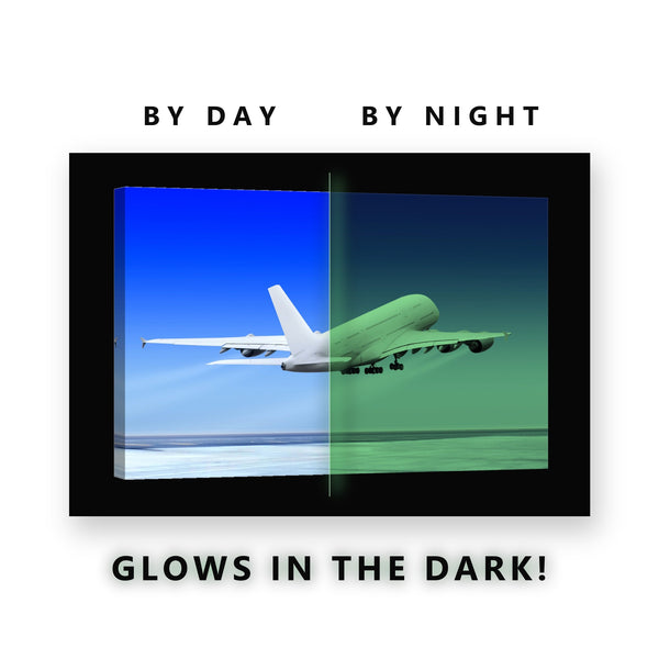 Airliner Taking Off Glow in the Dark Canvas Wall Art for Boys Bedroom, glowing at night