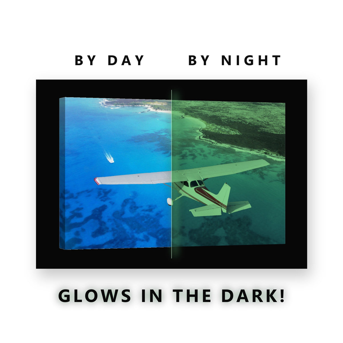 Plane Over Turquoise Reef Glow in the Dark Canvas Wall Art for Bedroom, glowing at night