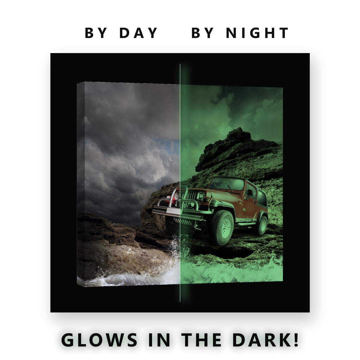 Red Off Road 4x4 on Rocks Glow in the Dark Canvas Wall Art for Man Cave, glowing at night