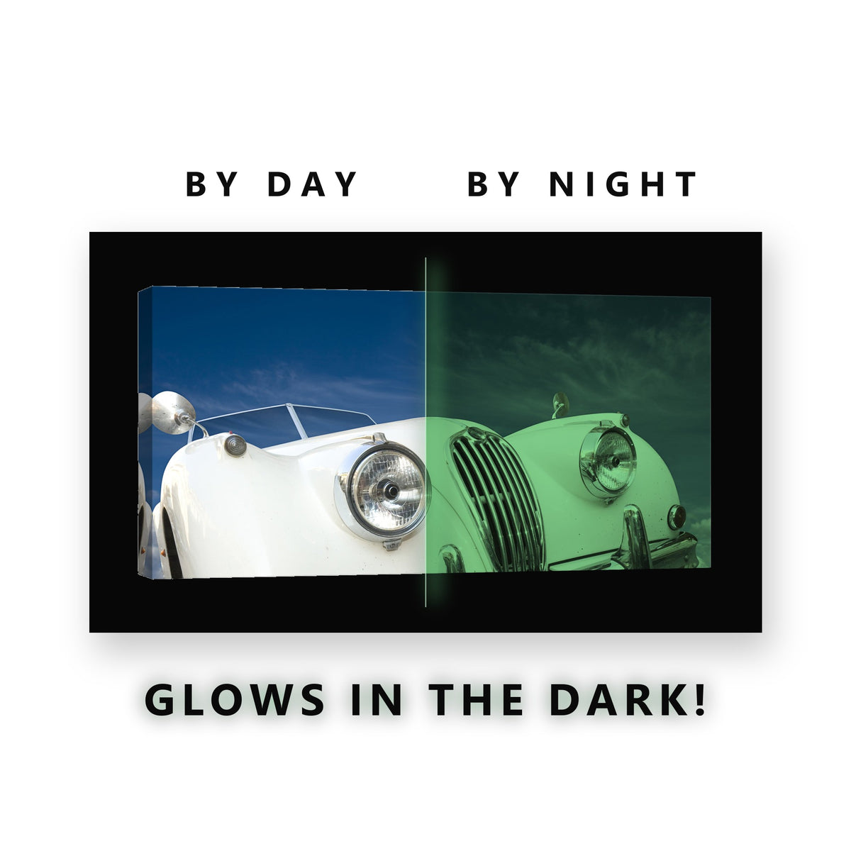 White Classic Roadster Glow in the Dark Canvas Wall Art for Living Room, glowing at night