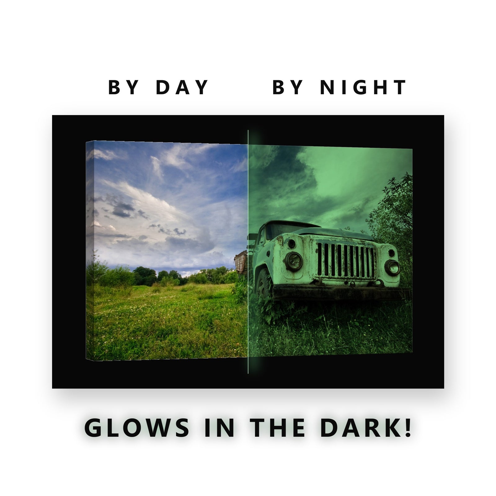 Abandoned Farm Truck Glow in the Dark Canvas Wall Art for Living Room, glowing at night