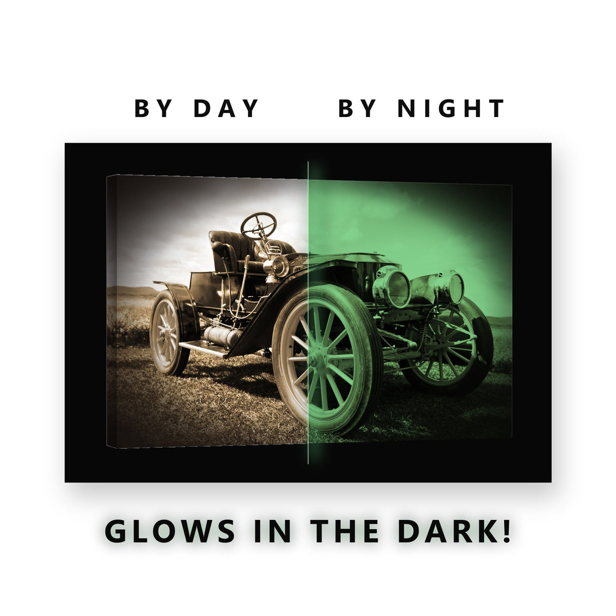 Antique Brass Era Car Glow in the Dark Canvas Wall Art for Office, glowing at night