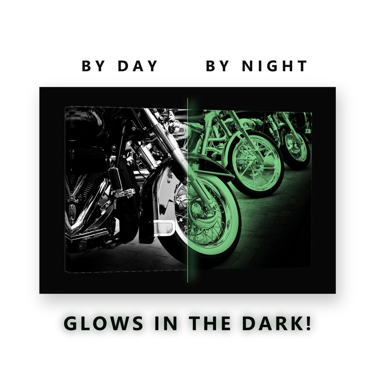 Chrome Motorcycles in Row Glow in the Dark Canvas Wall Art for Man Cave, glowing at night