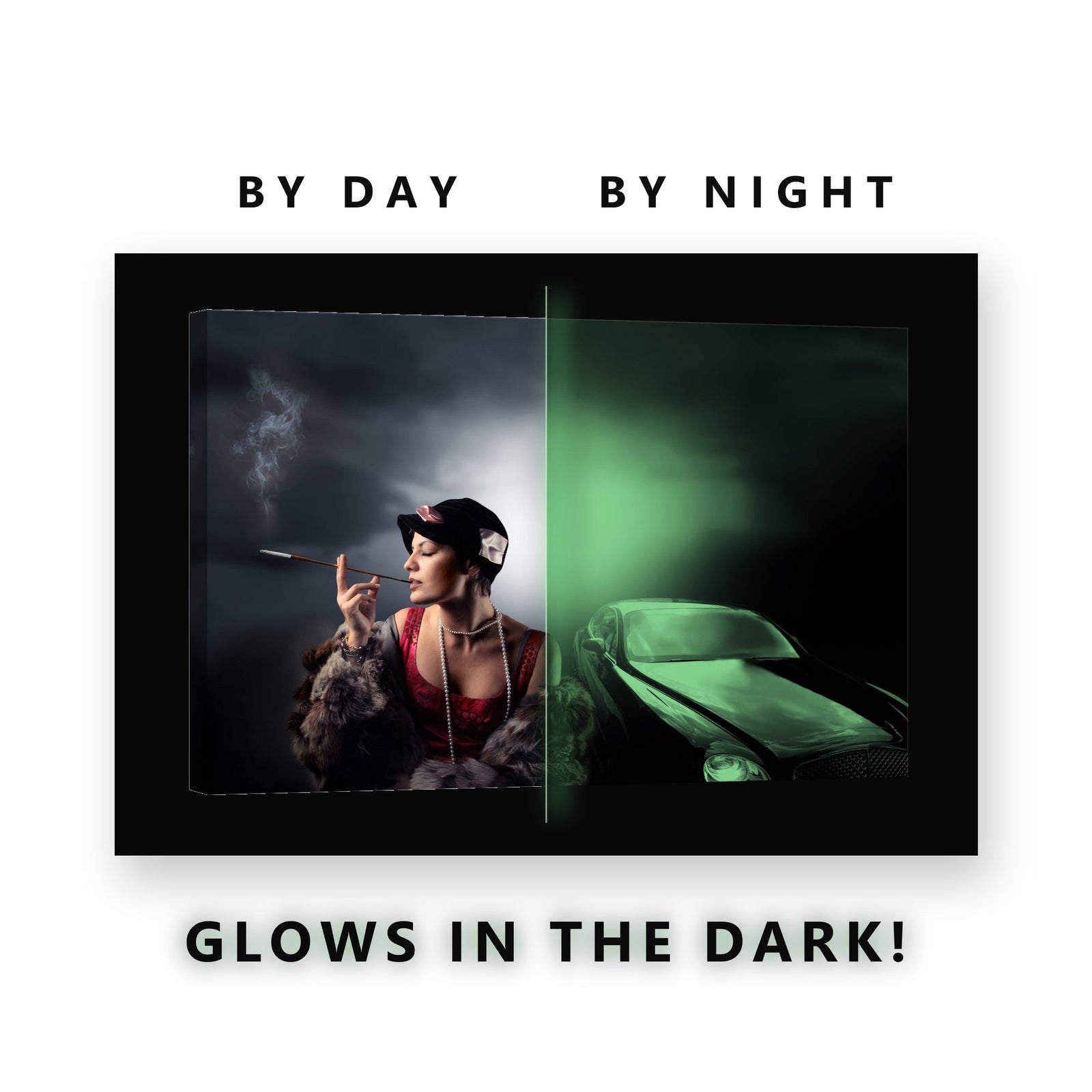 Vintage Glamour and Car Glow in the Dark Canvas Wall Art for Living Room, glowing at night