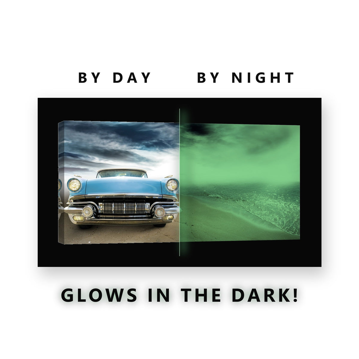 Classic Car on the Beach Glow in the Dark Canvas Wall Art for Living Room, glowing at night