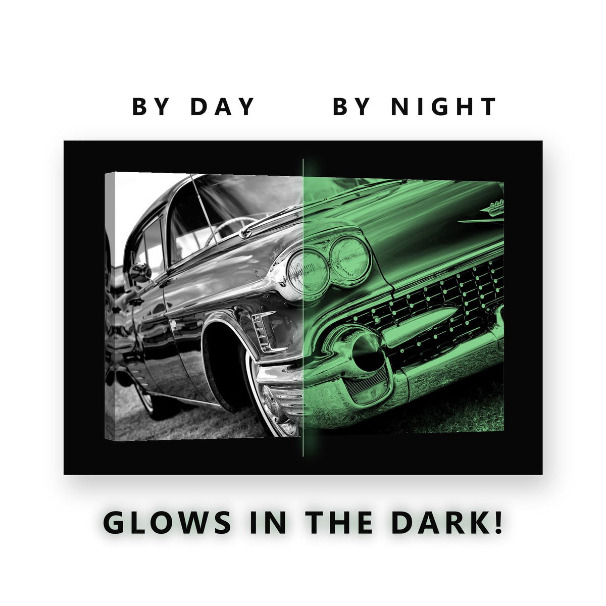 Classic Car Chrome Fins Glow in the Dark Canvas Wall Art for Man Cave, glowing at night