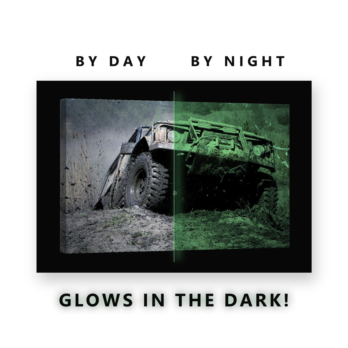 Off Road Truck in Mud Glow in the Dark Canvas Wall Art for Man Cave, glowing at night