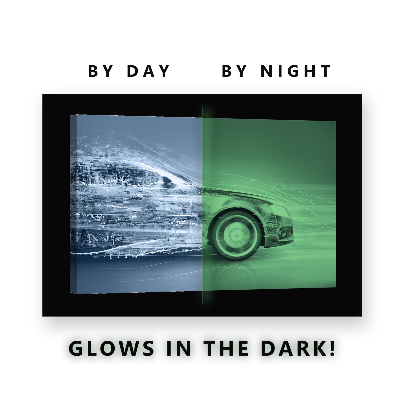 Abstract Speeding Car Glow in the Dark Canvas Wall Art for Teen Bedroom, glowing at night