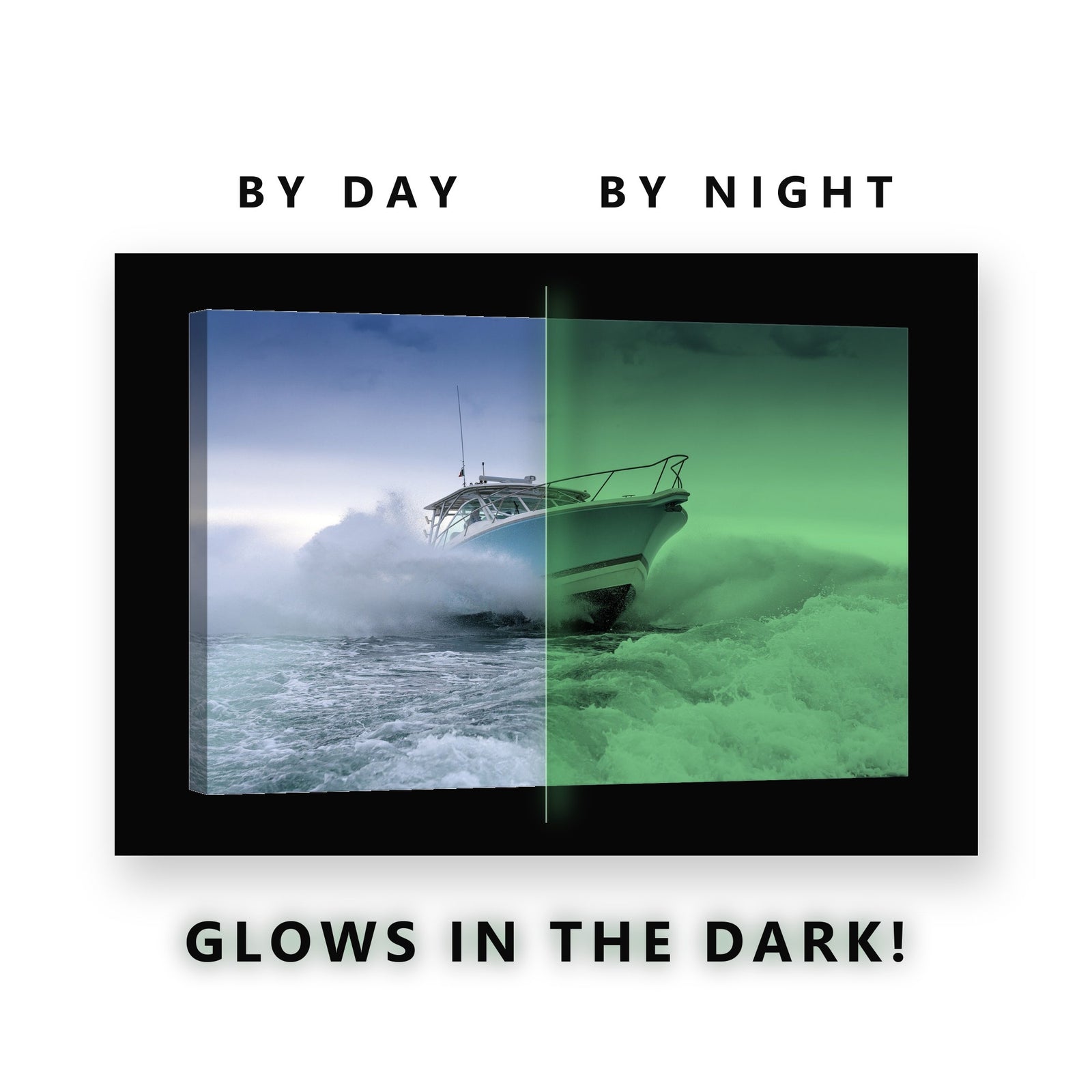 Speedboat Through Waves Glow in the Dark Canvas Wall Art for Living Room, glowing at night