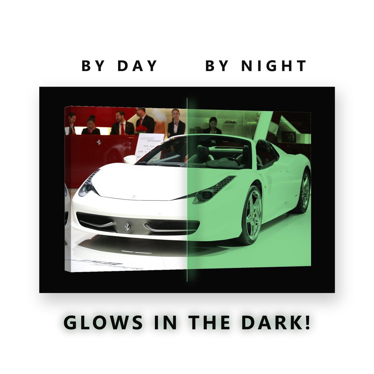 White Supercar Convertible Glow in the Dark Canvas Wall Art for Man Cave, glowing at night