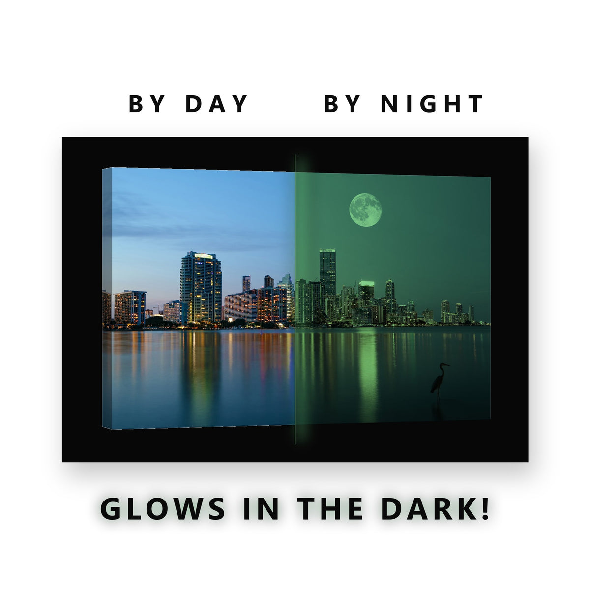Miami Skyline Full Moon Glow in the Dark Canvas Wall Art for Living Room, glowing at night