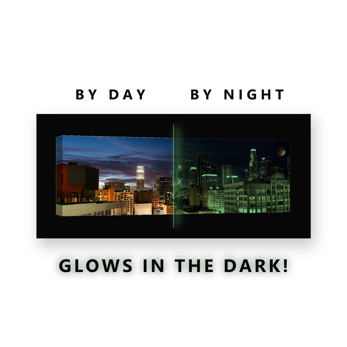 Los Angeles Skyline Dusk Glow in the Dark Canvas Wall Art for Living Room, glowing at night
