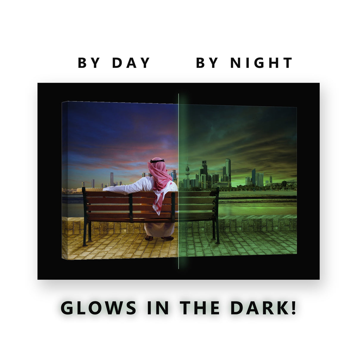 Kuwait City Sunset Skyline Glow in the Dark Canvas Wall Art for Bedroom, glowing at night
