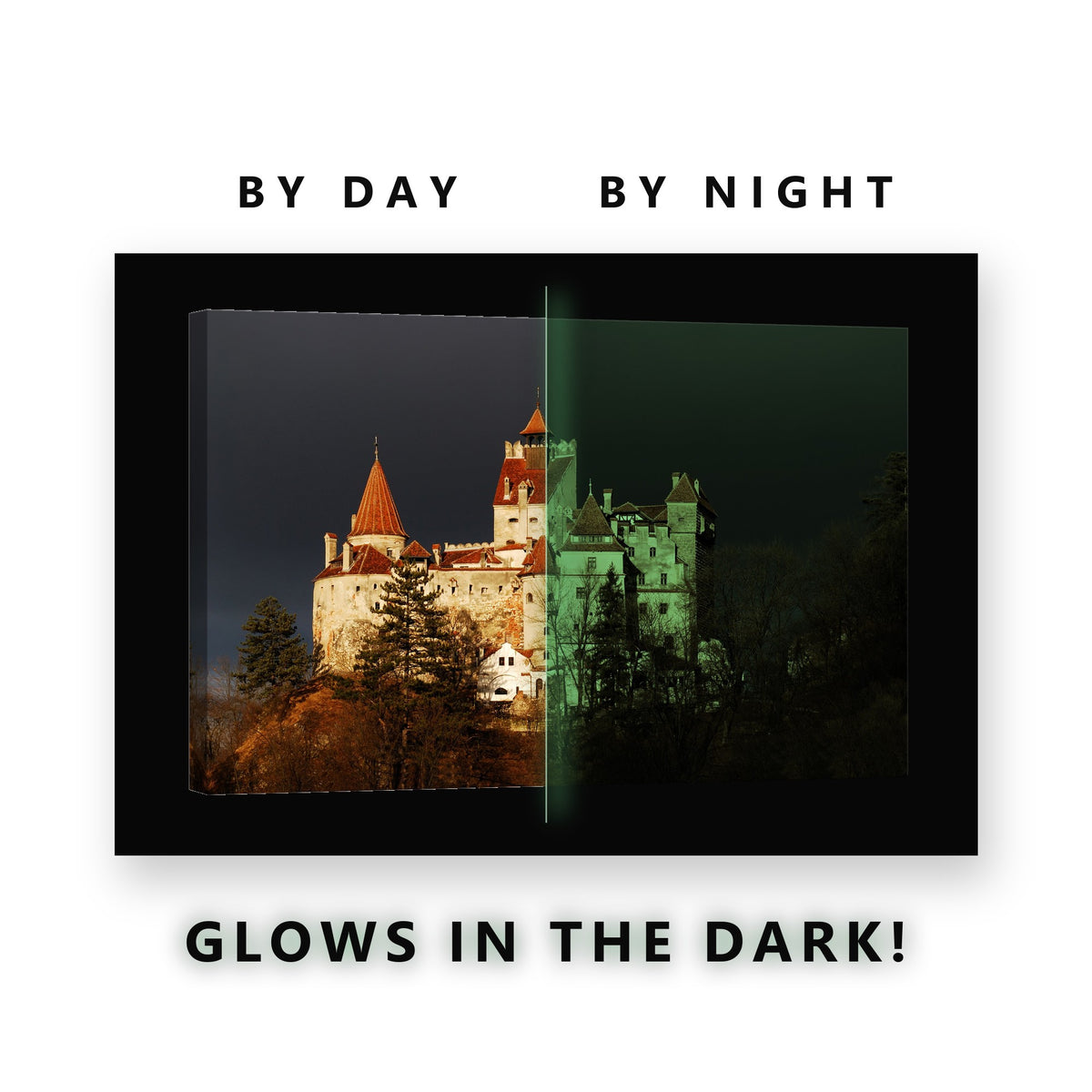 Bran Castle Transylvania Glow in the Dark Canvas Wall Art for Living Room, glowing at night