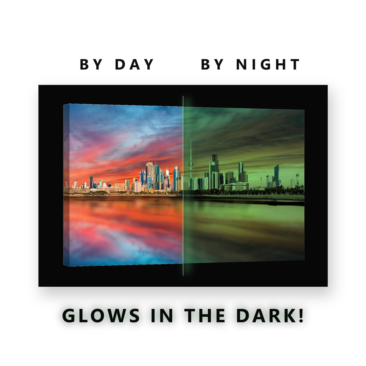 Kuwait City Skyline Sunset Glow in the Dark Canvas Wall Art for Office, glowing at night