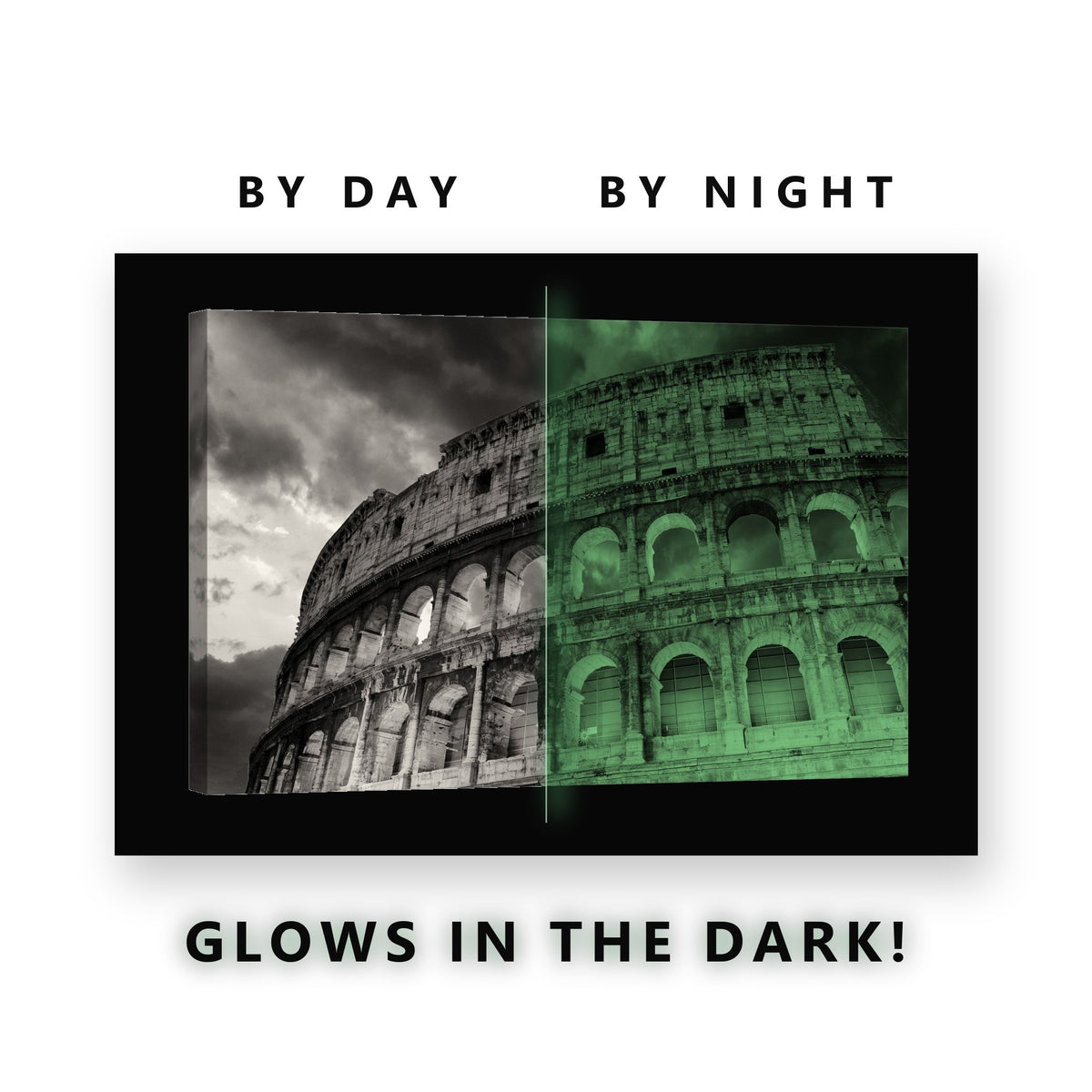 Colosseum Black and White Glow in the Dark Canvas Wall Art for Office, glowing at night
