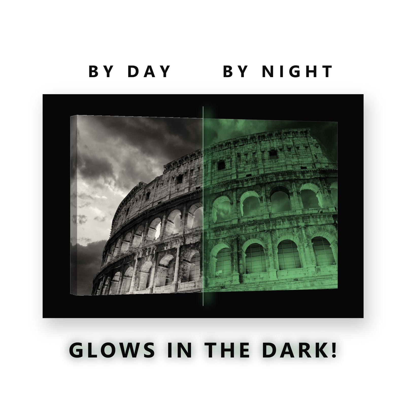 Colosseum Black and White Glow in the Dark Canvas Wall Art for Office, glowing at night