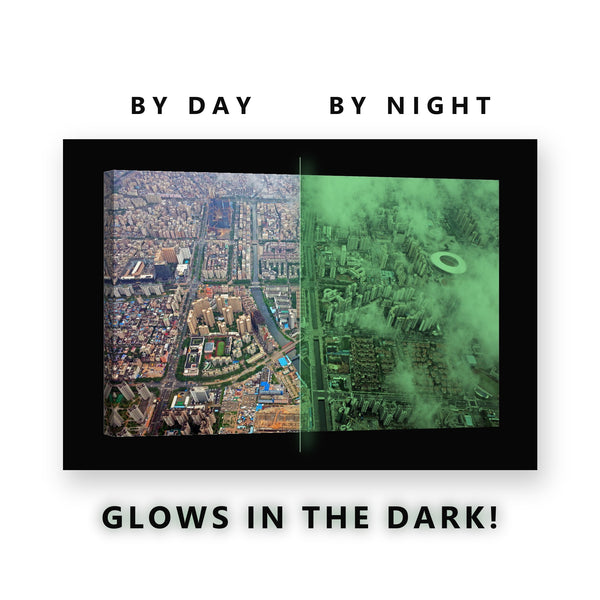Aerial City Through Clouds Glow in the Dark Canvas Wall Art for Office, glowing at night