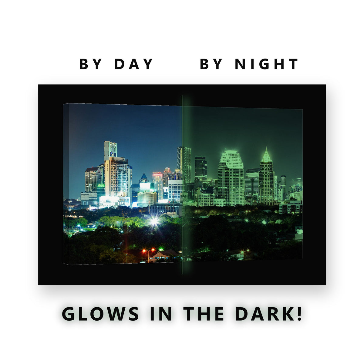 City Skyline at Night Glow in the Dark Canvas Wall Art for Living Room, glowing at night