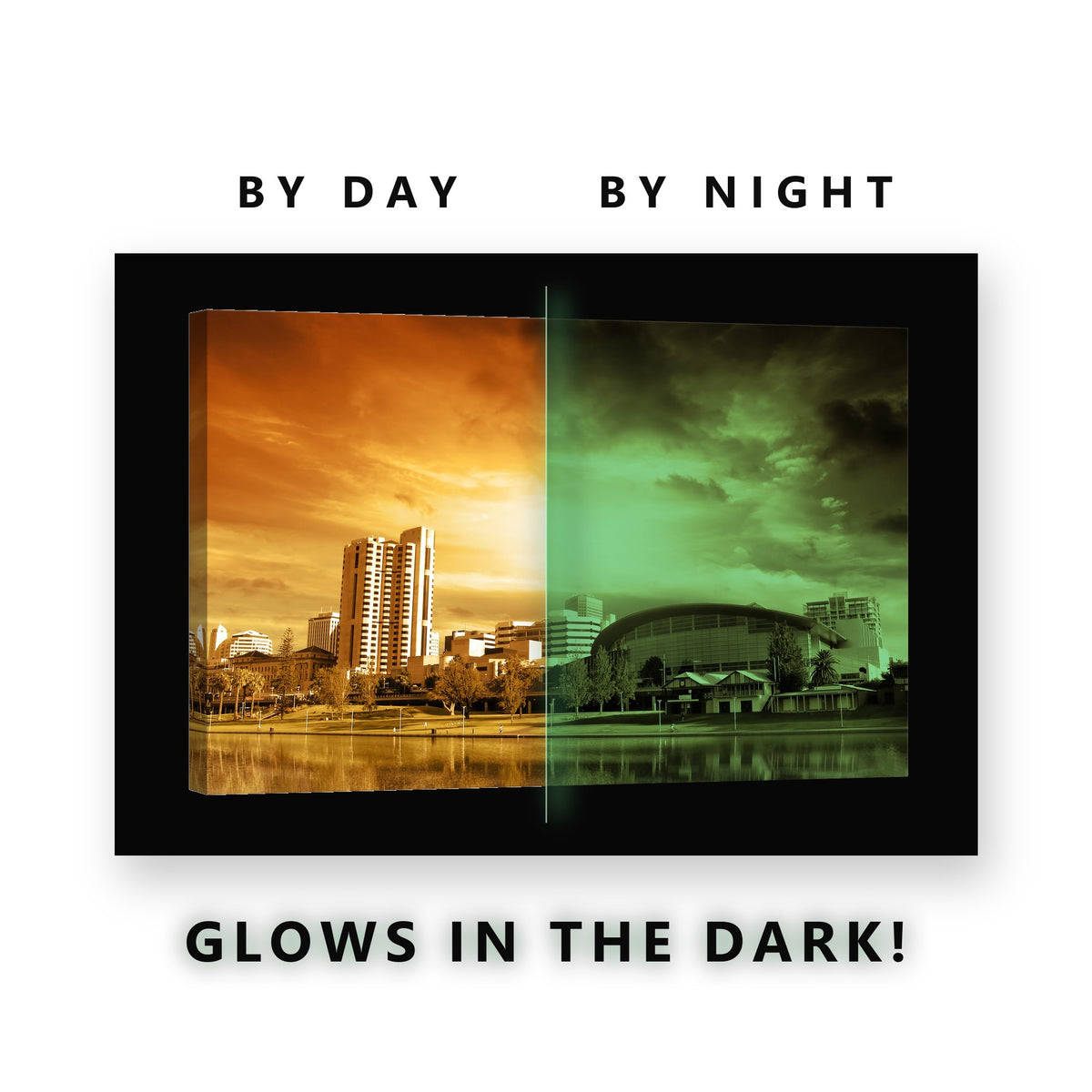 Riverside City Golden Sunset Glow in the Dark Canvas Wall Art Bedroom, glowing at night