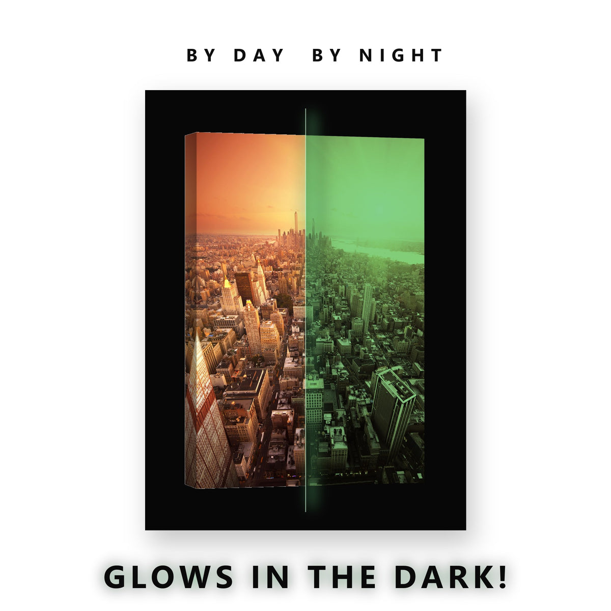 Manhattan Golden Sunset Glow in the Dark Canvas Wall Art for Bedroom, glowing at night