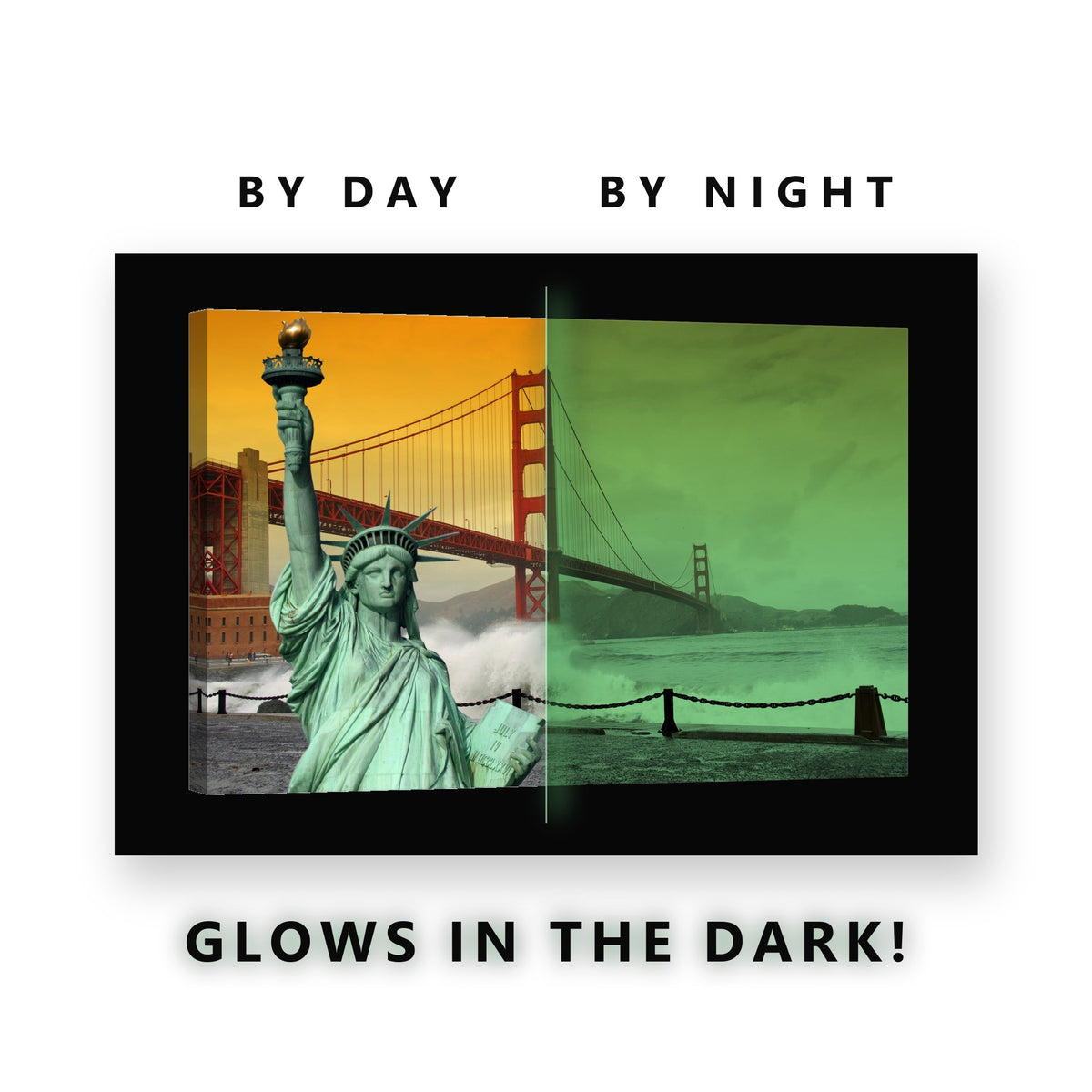 Liberty and Golden Gate Glow in the Dark Canvas Wall Art for Living Room, glowing at night