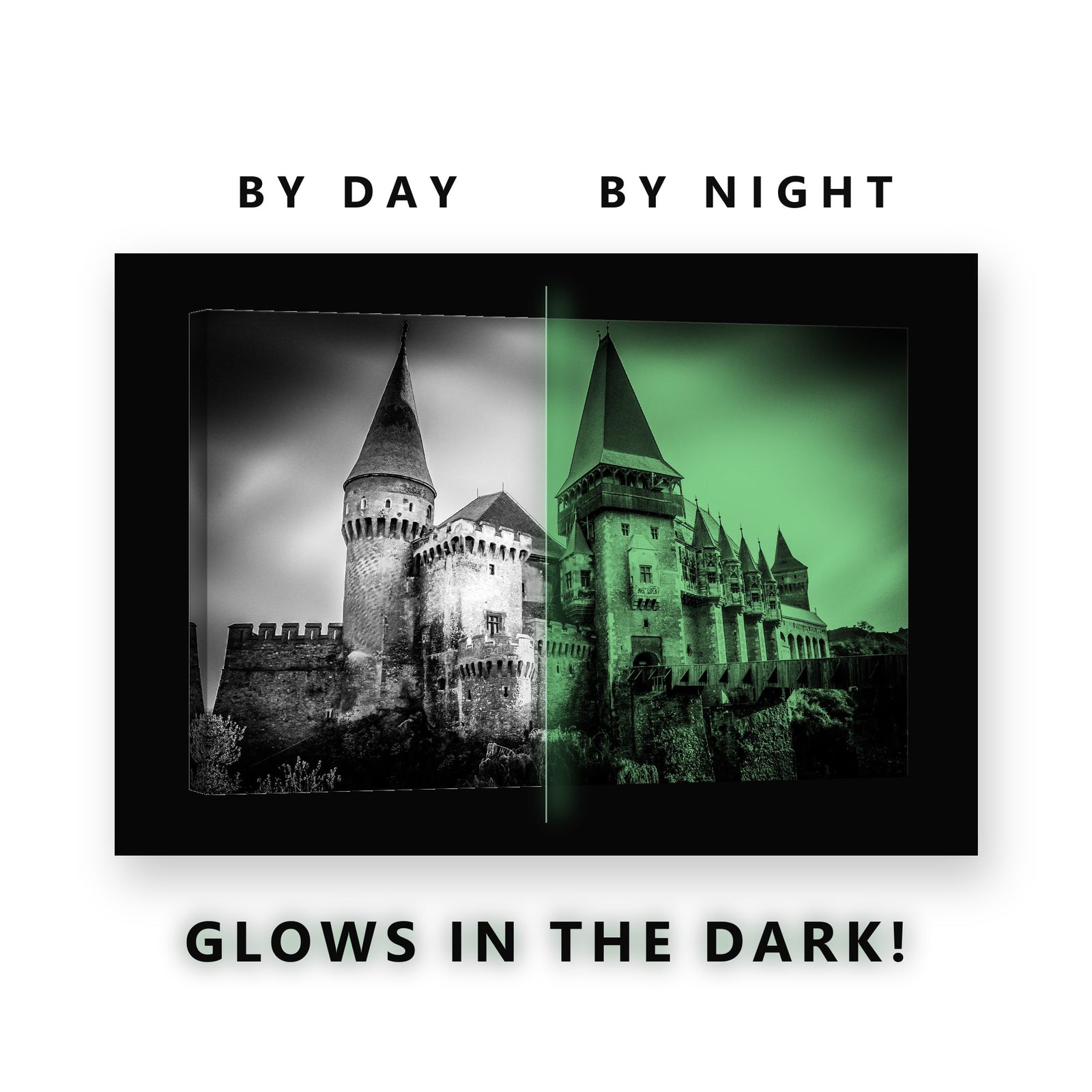 Corvin Castle Gothic Glow in the Dark Canvas Wall Art for Living Room, glowing at night