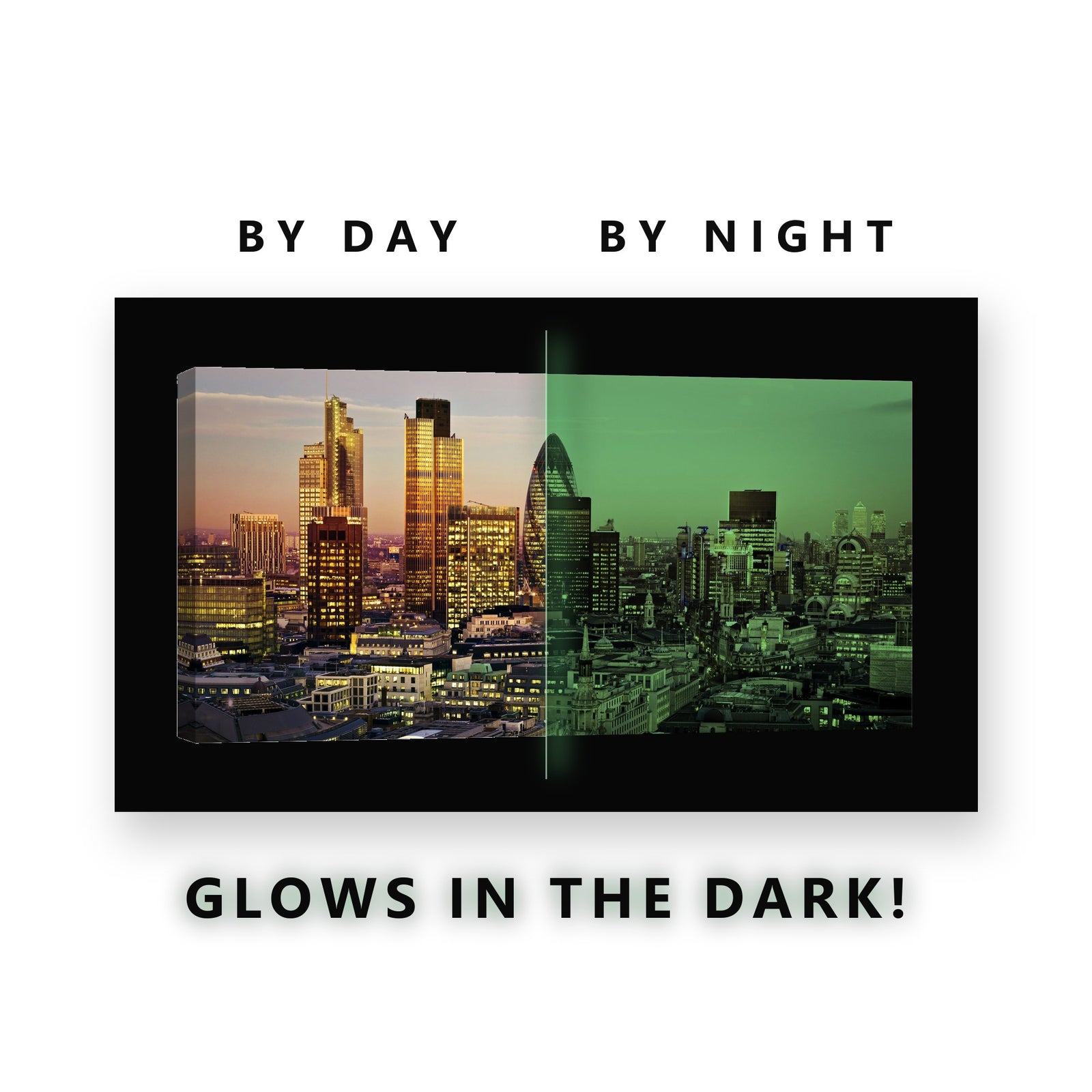London City Skyline Dusk Glow in the Dark Canvas Wall Art for Office, glowing at night