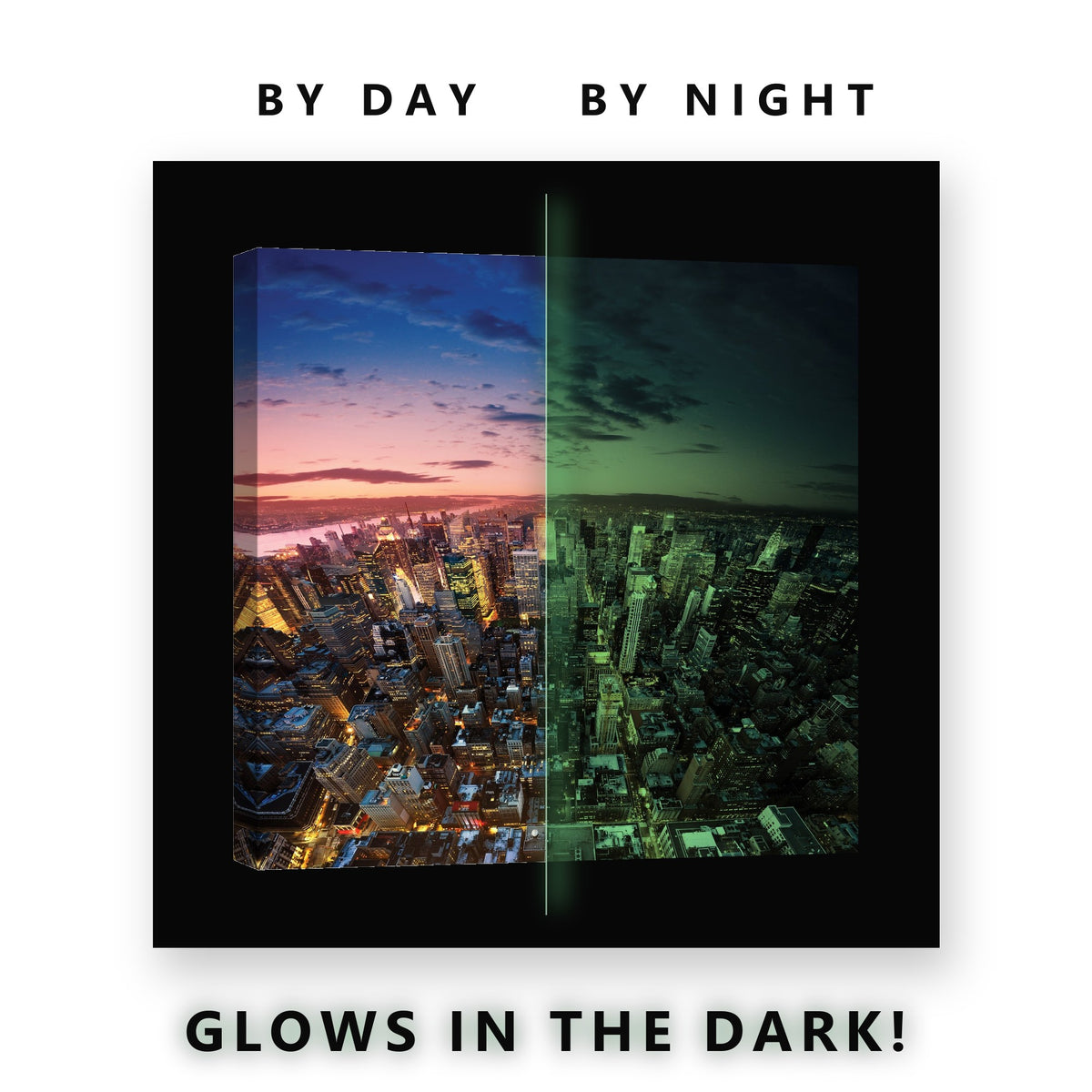 Manhattan Dusk From Above Glow in the Dark Canvas Wall Art for Bedroom, glowing at night